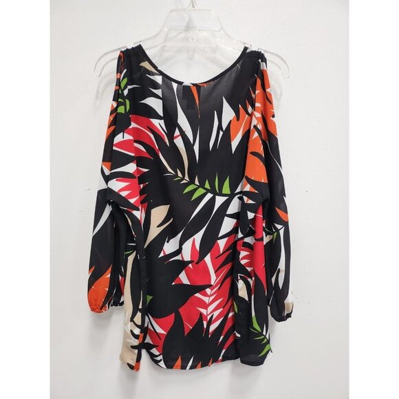 Worthington Womens Cold Shoulder Blouse Size Small Black Red Leaf Print Tropical - Picture 7 of 8